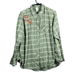 Terra & Sky Womens Blouse Olive Button Down Flannel Long Sleeve 100% Cotton 0X